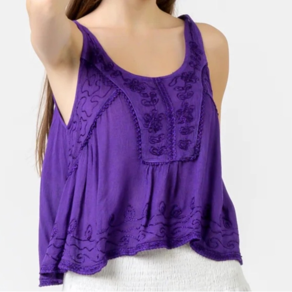 Rhea Boho Embroidered Scoop Neck Tank Top - Purple One Size NWT